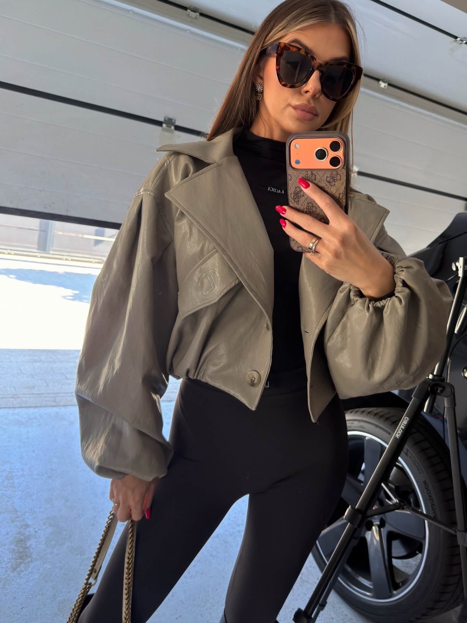Kurtka damska z ekoskóry LEATHER La Coca oversize khaki - obrazek 4